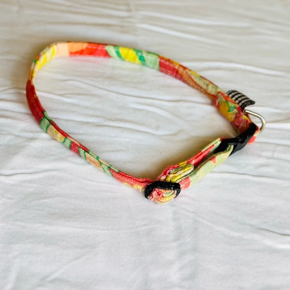 Pet Boutique Orange Yellow & Lime Green Retro Floral Fabric Skinny Dog Collar